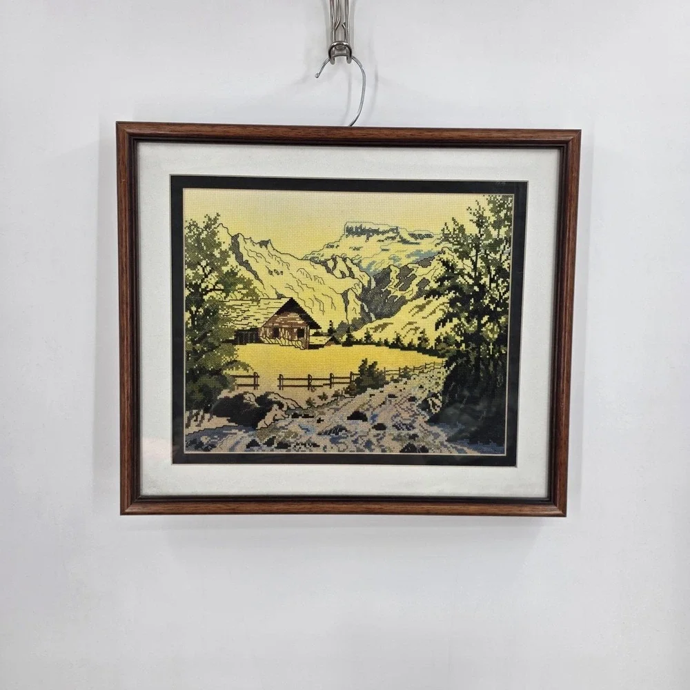 Vintage Handmade Mountain Cabin Landscape Cross Stitch Tapestry‎ Framed 14x16